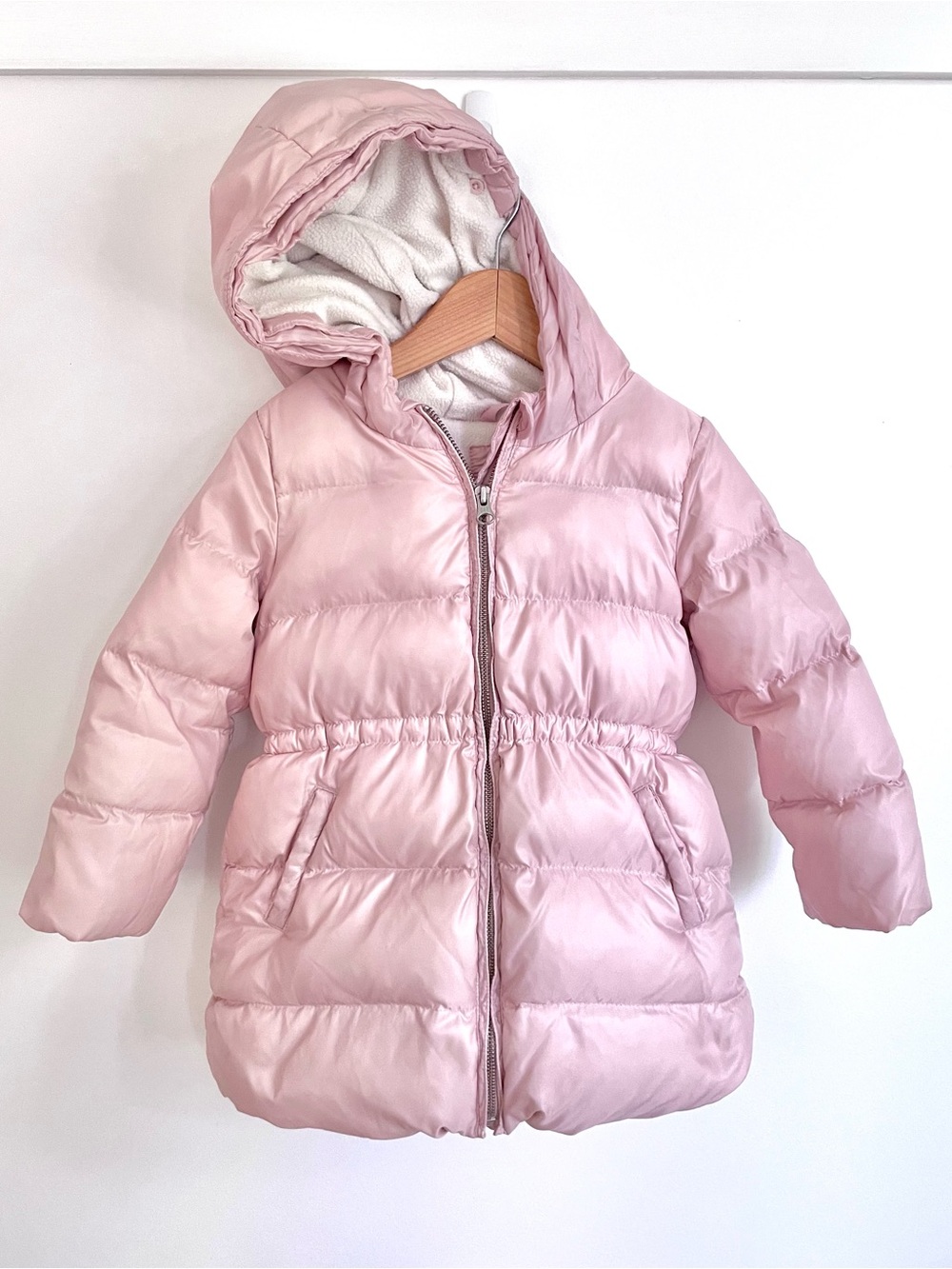 Gap Down Fill Long Puffer Coat, Hood, Fleece Lining, Pale Pink, Pockets